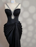 Ndyad Black V-neck Mermaid Satin Long Prom Dresses Formal Evening Gowns HZ1024