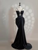 Ndyad Black V-neck Mermaid Satin Long Prom Dresses Formal Evening Gowns HZ1024