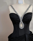 Ndyad Black V-neck Mermaid Satin Long Prom Dresses Formal Evening Gowns HZ1024