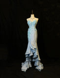 Ndyad Blue Spaghetti Straps Mermaid Satin Long Prom Dresses Vintage Evening Gowns with Appliques HZ1024