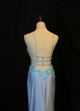 Ndyad Blue Spaghetti Straps Mermaid Satin Long Prom Dresses Vintage Evening Gowns with Appliques HZ1024