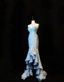 Ndyad Blue Spaghetti Straps Mermaid Satin Long Prom Dresses Vintage Evening Gowns with Appliques HZ1024