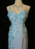 Ndyad Blue Spaghetti Straps Mermaid Satin Long Prom Dresses Vintage Evening Gowns with Appliques HZ1024