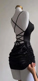 Ndyad Black Spaghetti Straps Bodycon Satin Short Prom Dresses Homecoming Dresses with Open Back HZ1024