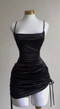 Ndyad Black Spaghetti Straps Bodycon Satin Short Prom Dresses Homecoming Dresses with Open Back HZ1024
