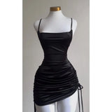 Ndyad Black Spaghetti Straps Bodycon Satin Short Prom Dresses Homecoming Dresses with Open Back HZ1024
