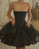 Ndyad Black Strapless A-Line Satin Lace Short Prom Dresses Homecoming Dresses HZ1024