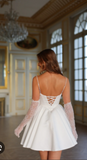 Ndyad White Spaghetti Straps A-Line Satin Lace Short Wedding Dresses Homecoming Dresses with Pearls HZ1024