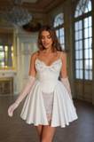 Ndyad White Spaghetti Straps A-Line Satin Lace Short Wedding Dresses Homecoming Dresses with Pearls HZ1024