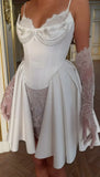 Ndyad White Spaghetti Straps A-Line Satin Lace Short Wedding Dresses Homecoming Dresses with Pearls HZ1024