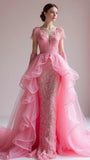 Ndyad Pink V Neck Sheath Tulle Long Prom Dresses Wedding Dresses Lace Appliques Formal Evening Dresses HZ1024