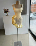 Ndyad Butter Yellow Square Neck Bodycon Beaded Tulle Short Prom Dresses Gorgeous Homecoming Dresses HZ1024