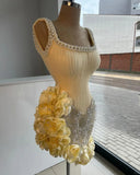 Ndyad Butter Yellow Square Neck Bodycon Beaded Tulle Short Prom Dresses Gorgeous Homecoming Dresses HZ1024