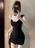 Ndyad Black Asymmetric Neck Bodycon Short Prom Dresses Homecoming Dresses with Bow HZ1024