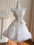 Ndyad White Spaghetti Straps A-Line Tulle Lace Short Prom Dresses Homecoming Dresses with Beading HZ1024