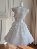 Ndyad White Spaghetti Straps A-Line Tulle Lace Short Prom Dresses Homecoming Dresses with Beading HZ1024