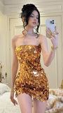 Ndyad Gold Strapless Bodycon Sequin Short Party Dresses Homecoming Dresses HZ1024