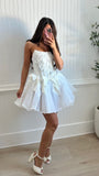 Ndyad White Strapless A-Line Tulle Beaded Short Prom Dresses Homecoming Dresses HZ1024
