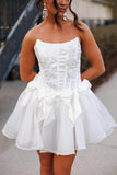 Ndyad White Strapless A-Line Tulle Beaded Short Prom Dresses Homecoming Dresses HZ1024