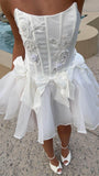 Ndyad White Strapless A-Line Tulle Beaded Short Prom Dresses Homecoming Dresses HZ1024