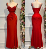 Ndyad Red Spaghetti Straps Mermaid Satin Beaded Long Prom Dresses Formal Evening Gowns HZ1024
