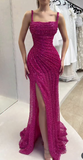 Ndyad Fuchsia Square Neck Mermaid Sequin Long Prom Dresses Formal Evening Gowns with Slits HZ1024