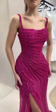 Ndyad Fuchsia Square Neck Mermaid Sequin Long Prom Dresses Formal Evening Gowns with Slits HZ1024