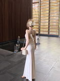 Ndyad Apricot Spaghetti Straps Mermaid Satin Party Dress HZ1024