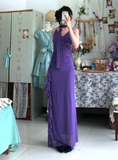 Ndyad Purple Spaghetti Straps Sheath Chiffon Ruffle Party Dress Y2K Formal Evening Gowns HZ1024