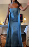 Ndyad Blue Strapless Sheath Satin Long Prom Dresses Formal Evening Gowns HZ1024