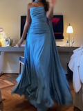 Ndyad Blue Strapless Sheath Satin Long Prom Dresses Formal Evening Gowns HZ1024