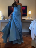 Ndyad Blue Strapless Sheath Satin Long Prom Dresses Formal Evening Gowns HZ1024