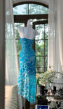 Ndyad Blue Spaghetti Straps Sheath Chiffon Sequin Long Prom Dresses Elegant Formal Evening Gowns HZ1024