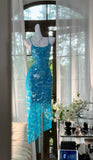 Ndyad Blue Spaghetti Straps Sheath Chiffon Sequin Long Prom Dresses Elegant Formal Evening Gowns HZ1024