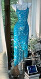 Ndyad Blue Spaghetti Straps Sheath Chiffon Sequin Long Prom Dresses Elegant Formal Evening Gowns HZ1024