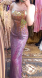 Ndyad Gold Spaghetti Straps Sheath Sequin Long Prom Dresses Formal Evening Gowns HZ1024