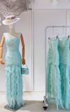 Ndyad Tiffany Blue Strapless Bodycon Chiffon Long Prom Dresses Formal Evening Gowns HZ1024