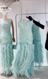 Ndyad Tiffany Blue Strapless Bodycon Chiffon Long Prom Dresses Formal Evening Gowns HZ1024