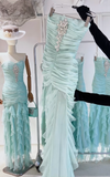 Ndyad Tiffany Blue Strapless Bodycon Chiffon Long Prom Dresses Formal Evening Gowns HZ1024