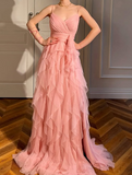 Ndyad Peach Spaghetti Straps A-Line Layered Tulle Long Prom Dresses Formal Evening Gowns HZ1024