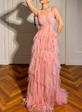 Ndyad Peach Spaghetti Straps A-Line Layered Tulle Long Prom Dresses Formal Evening Gowns HZ1024