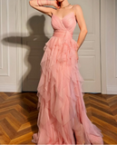 Ndyad Peach Spaghetti Straps A-Line Layered Tulle Long Prom Dresses Formal Evening Gowns HZ1024