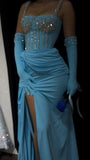 Ndyad Blue Square Neck Bodycon Chiffon Long Prom Dresses Formal Evening Gowns with Rhinestones HZ1024