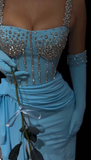 Ndyad Blue Square Neck Bodycon Chiffon Long Prom Dresses Formal Evening Gowns with Rhinestones HZ1024