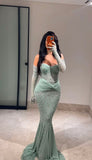 Ndyad Mint Green Sweetheart Mermaid Chiffon Long Prom Dresses Formal Evening Gowns with Appliques HZ1024
