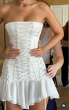 Ndyad White Strapless Bodycon Satin Chiffon Homecoming Dresses Short Prom Dresses HZ1024