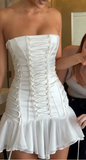 Ndyad White Strapless Bodycon Satin Chiffon Homecoming Dresses Short Prom Dresses HZ1024