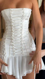 Ndyad White Strapless Bodycon Satin Chiffon Homecoming Dresses Short Prom Dresses HZ1024