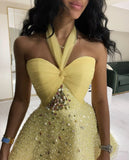 Ndyad Butter Yellow Halter Neck A-Line Beaded Tulle Homecoming Dresses Short Prom Dresses HZ1024