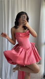 Ndyad Hot Pink Strapless A-Line Satin Homecoming Dresses Short Prom Dresses with Bow HZ1024